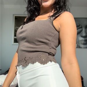 Elegant Brown Lace Trim Women's Top